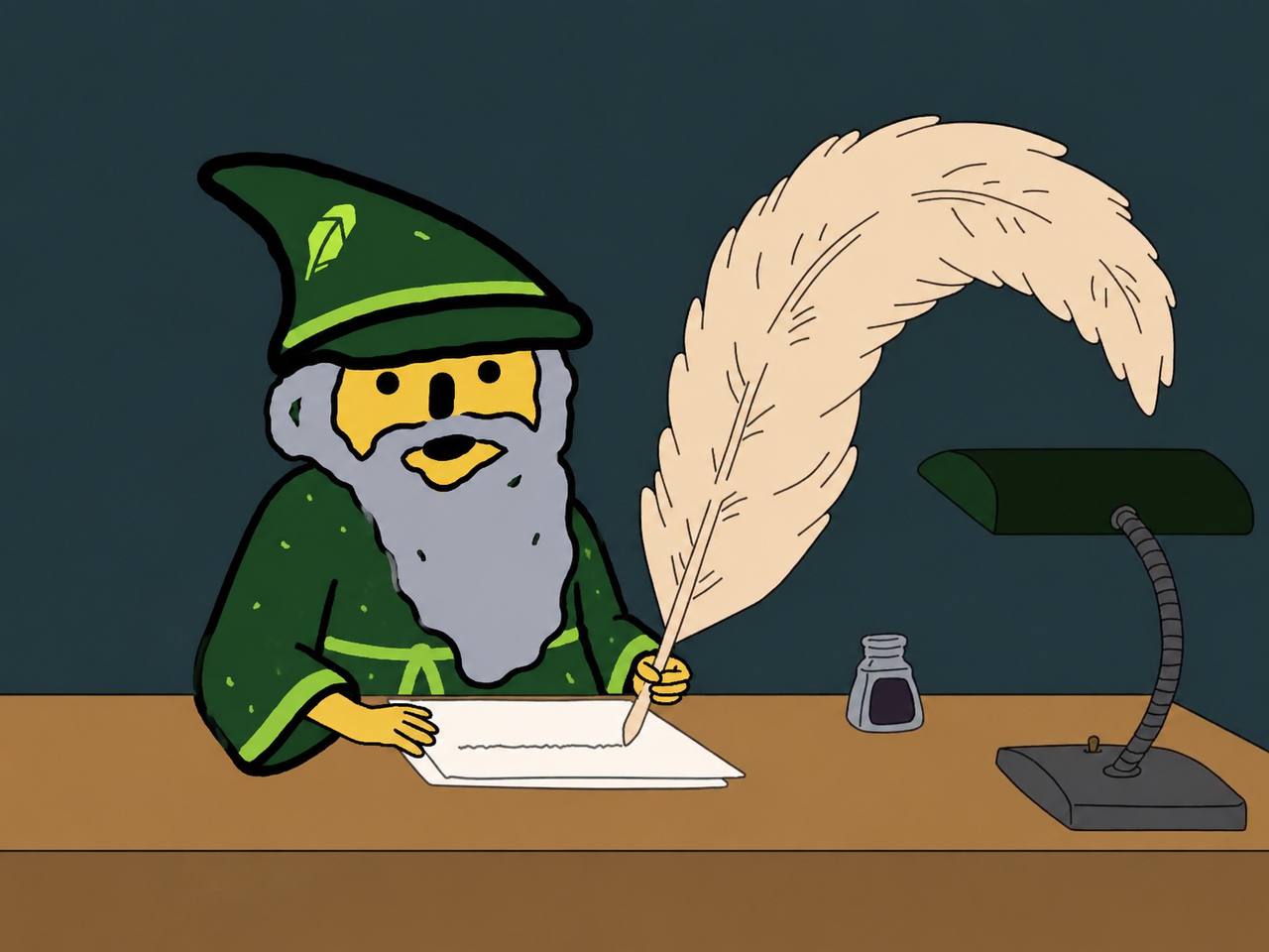 The wizard writing with a quill at his desk