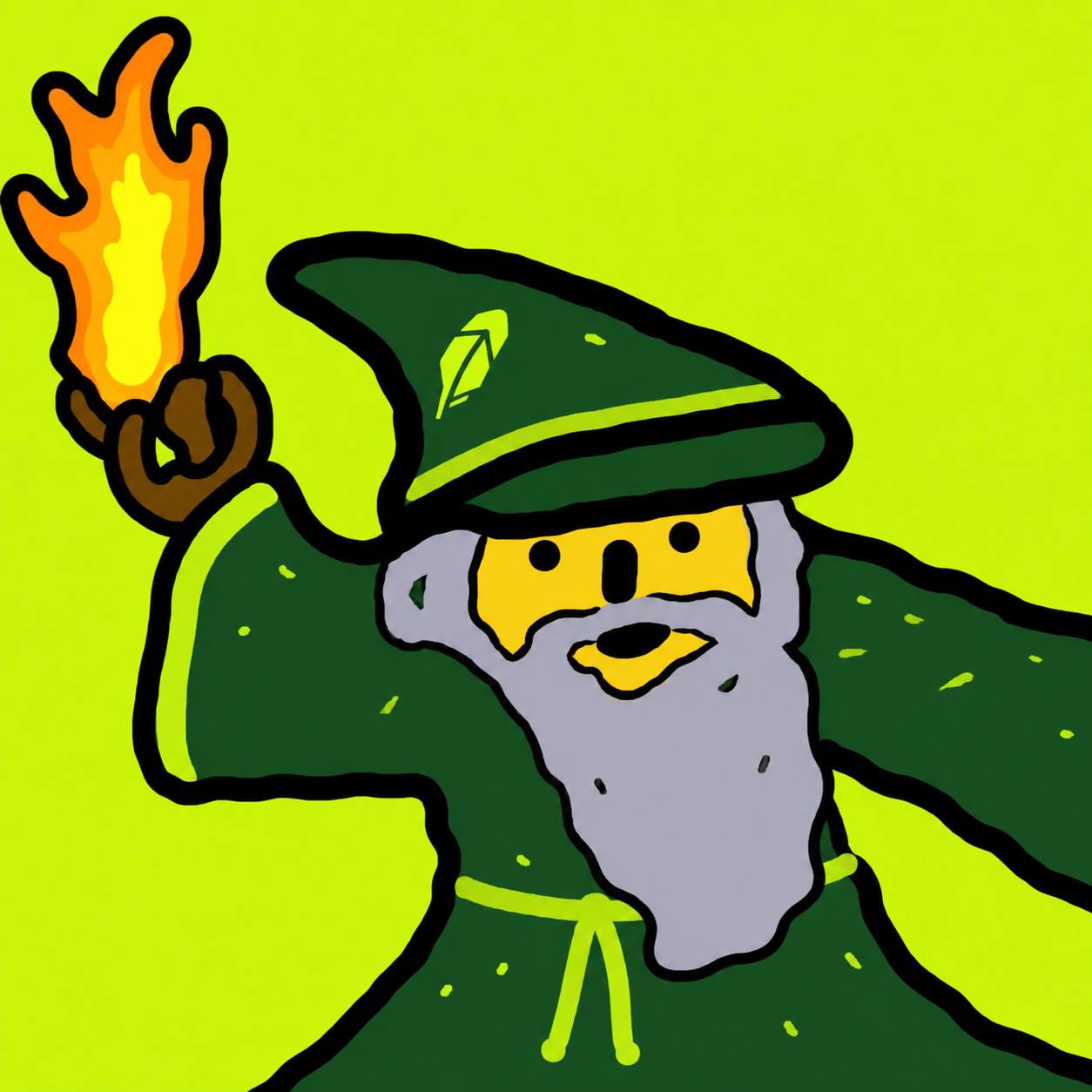 The Magic Internet Cash wizard holding a glowing green torch